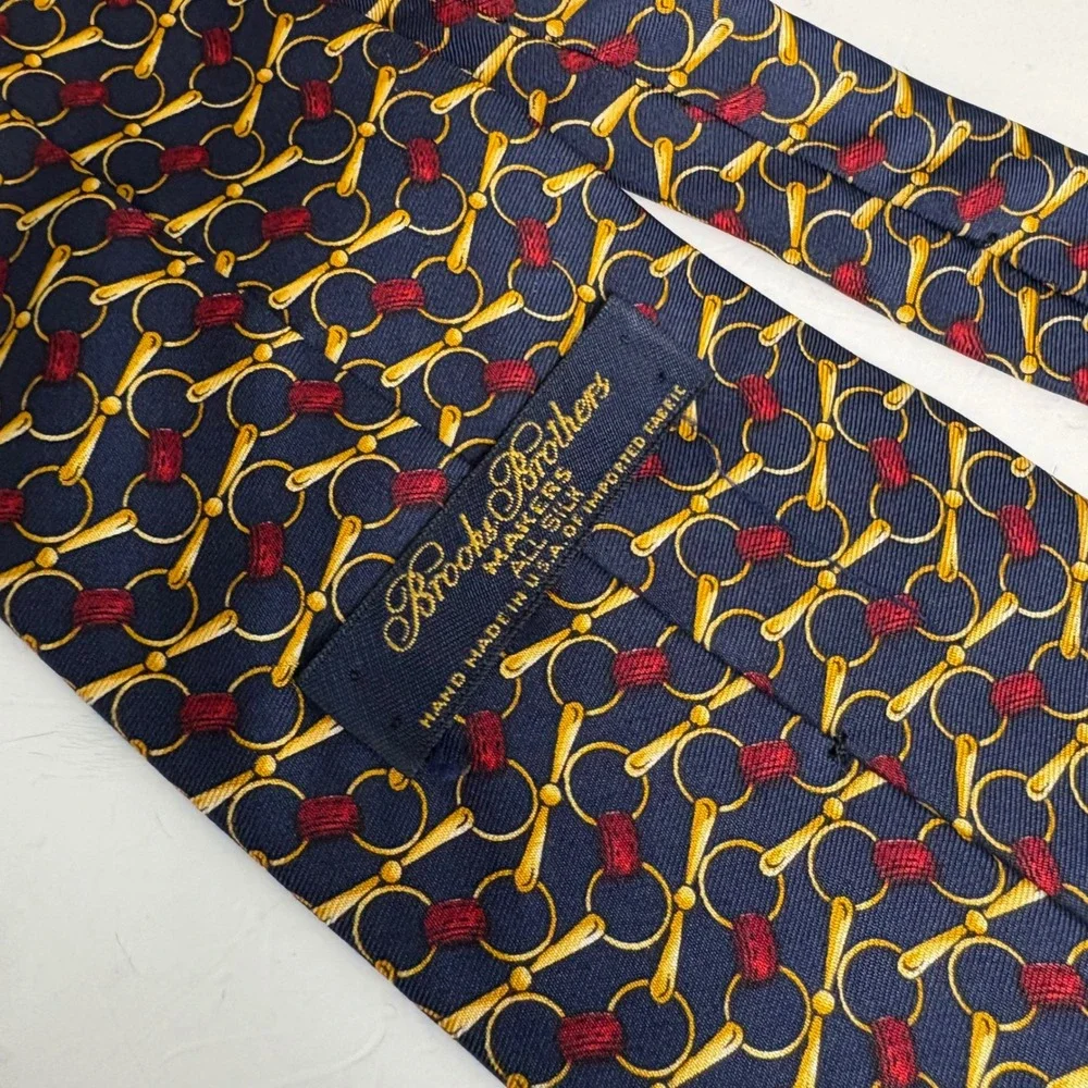 Brooks Brothers Makers Mens Silk Tie Navy Blue Gold Equestrian Bit Red Pattern